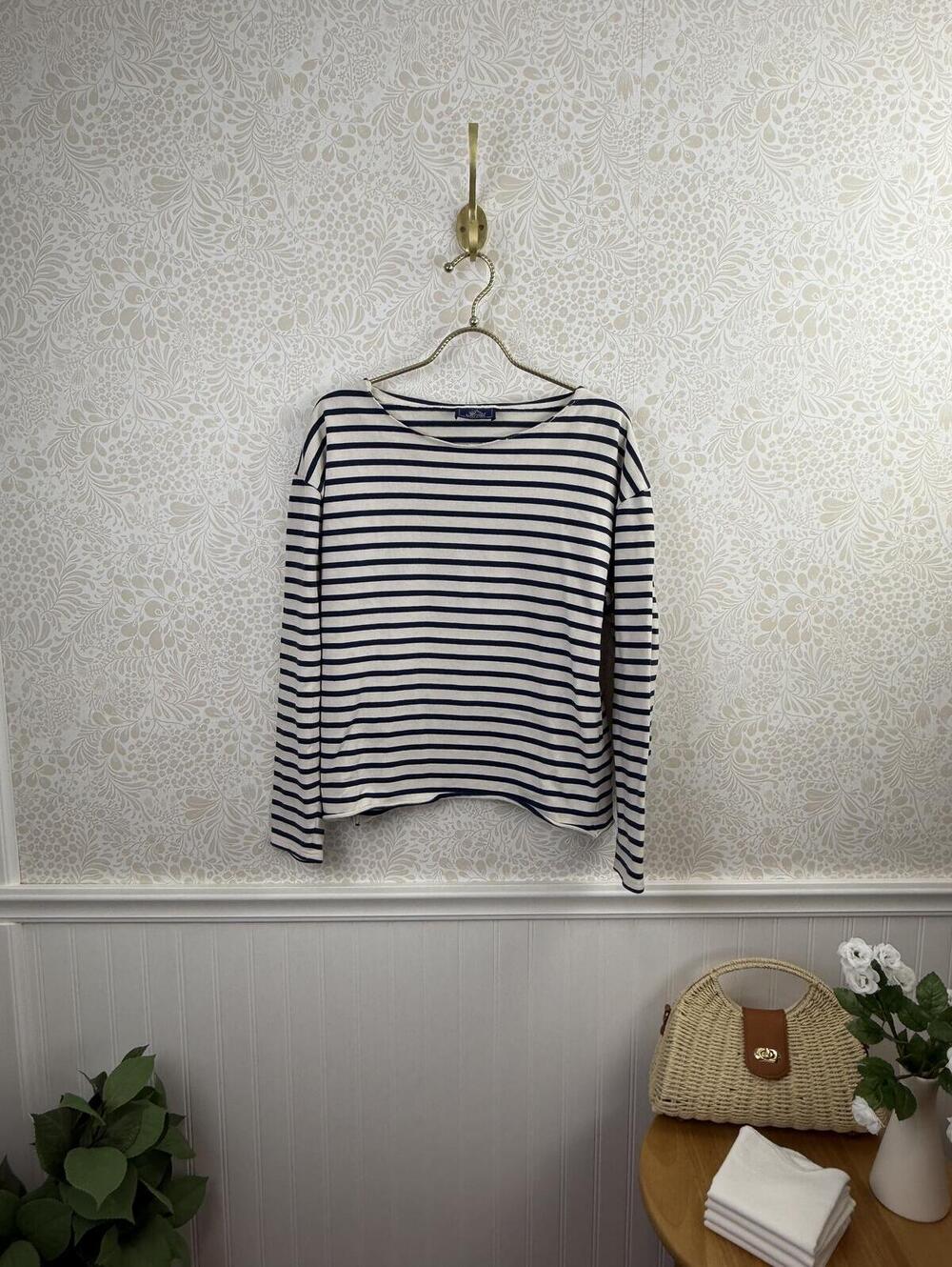 Saint James Classic Navy and Cream Striped Boatneck Shirt - Size - Medium
